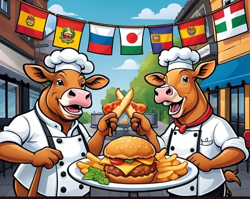 Prompt: Cartoon illustration of a vibrant restaurant sign, flags from around the world, a chef cow and a chef deer  enjoying schnitzel, appetizing pommes, high quality, cartoon style, colorful and inviting, detailed flags, cheerful , delicious schnitzel, international flags, appetizing pommes, vibrant colors, cartoonish style