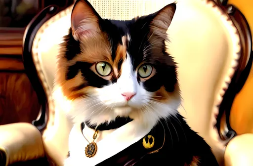 Prompt: Calico cat with white paws on leather chair wearing a large white ascot, oil painting, detailed fur and eyes, high quality, semi-realistic, warm tones, soft lighting