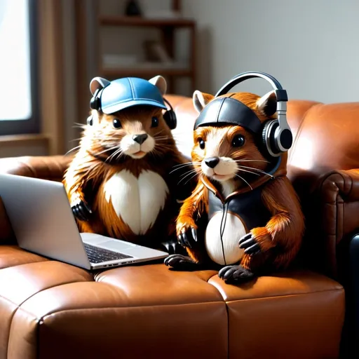 Prompt: a humanoid beaver sitting on a large leather couch. 
The beaver is reclined and wearing large headphones.
The beaver is intently playing games on a laptop. 
Both its feet are on the couch.
There is a calico cat nestled next to the beaver 