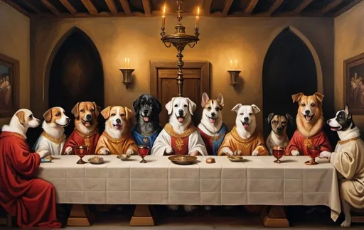 Prompt: 12 dogs in robes at a table, last supper style, large Calico with brass wine chalice, oil painting, regal atmosphere, elegant Renaissance, detailed fur and robes, high quality, classic art, warm tones, soft candlelight, detailed facial expressions