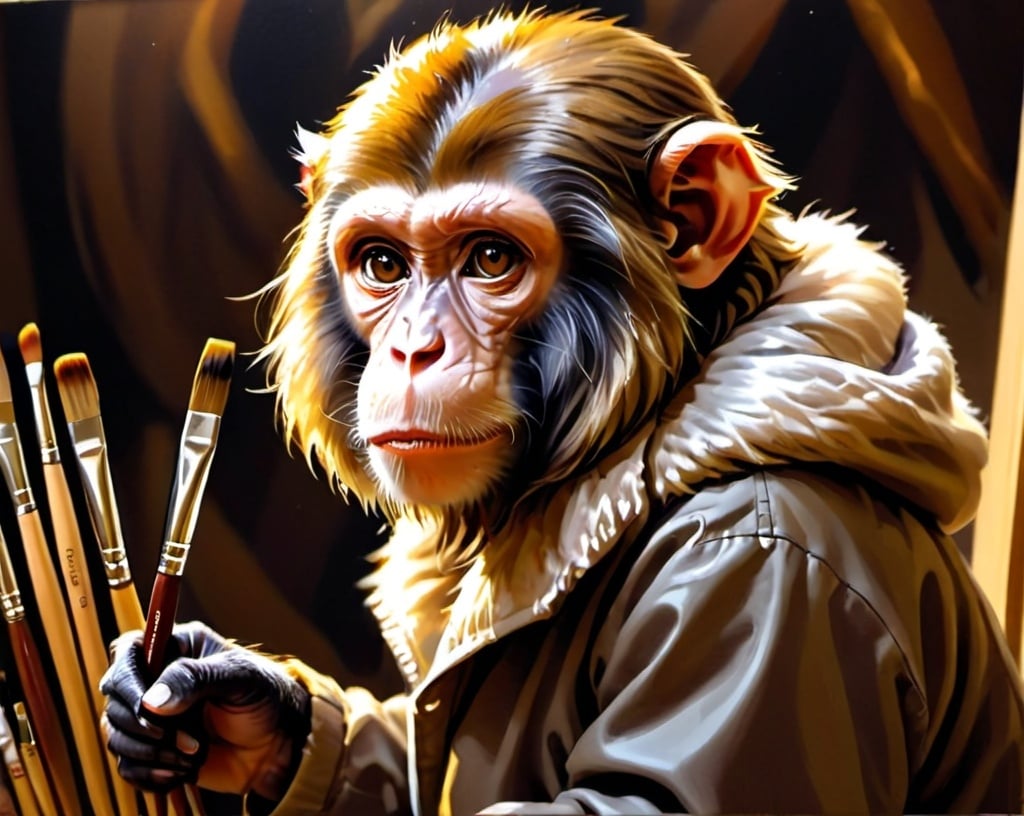 Prompt: Monkey in an art smock, chiarascuro lighting, holding a paint brush, painting on a large phone screen, detailed fur with warm reflections, focused expression, high-quality, chiarascuro, detailed eyes, professional, warm tones, artistic lighting