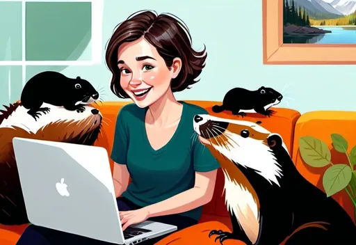 Prompt: Cheerful lady with short dark brown hair, not thin, sitting on a couch, petting a beaver, other beavers playing on laptops, realistic illustration, vibrant colors, detailed expressions, cozy atmosphere, high quality, digital painting, cheerful, joyful, warm lighting