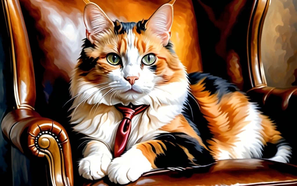 Prompt: Calico cat with white paws on leather chair wearing ascot, oil painting, detailed fur and eyes, high quality, semi-realistic, warm tones, soft lighting