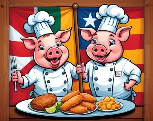 Prompt: Cartoon illustration of a vibrant restaurant sign, flags from around the world, two chef pigs enjoying schnitzel, appetizing pommel, high quality, cartoon style, colorful and inviting, detailed flags, cheerful pigs, delicious schnitzel, international flags, appetizing pommel, vibrant colors, cartoonish style
