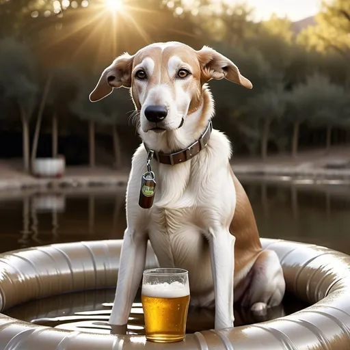 Prompt: Humanoid, white an brown hound dog drinking beer, floating on an innertube, in metal stock tank on Texas ranch, detailed fur with natural reflections, casual and relaxed stance, realistic 3D rendering, warm tones, bright outdoor lighting, high quality, detailed fur, humanoid, realistic 3D, Texas ranch, casual, outdoor, warm tones, bright lighting, detailed fur, relaxed