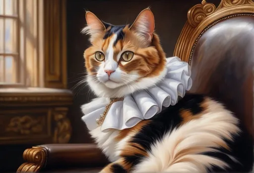 Prompt: Calico cat with white paws on leather chair wearing a large white ruff, oil painting, detailed fur and eyes, high quality, semi-realistic, warm tones, soft lighting