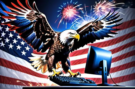 Prompt: Giant US flag and bald eagle attacking a computer, entire eagle and computer in view, super patriotic, digital art, vibrant, professional lighting, intense colors, fireworks, wings wide, claws spread to attack computer, highres, ultra-detailed, patriotic, professional, American flag, futuristic, digital illustration