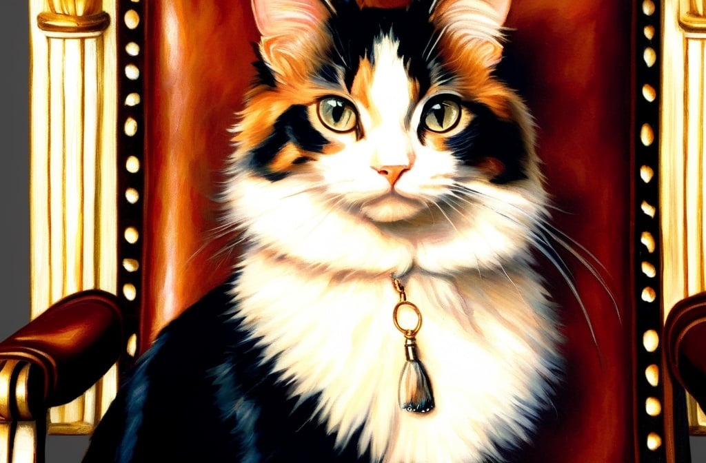 Prompt: Calico cat with white paws on leather chair wearing a large white ascot, oil painting, detailed fur and eyes, high quality, semi-realistic, warm tones, soft lighting