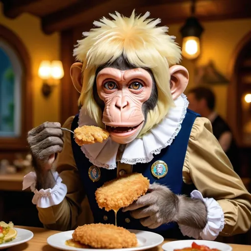 Prompt: monkey eating schnitzel, traditional Bavarian dress, blonde wig, high quality, detailed fur, humorous, vibrant colors, traditional, jovial atmosphere, bavarian, fun, detailed eyes, professional, atmospheric lighting