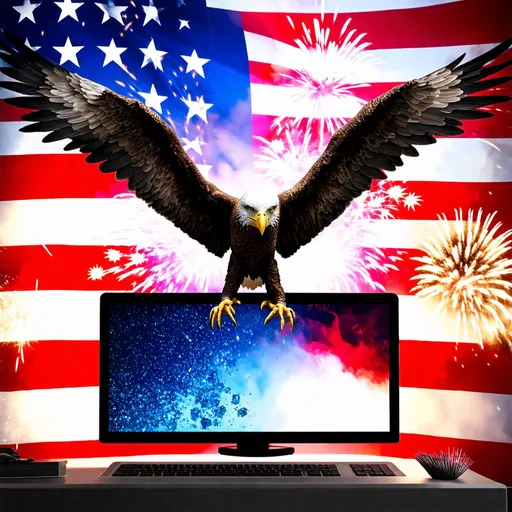 Prompt: Giant US flag and bald eagle attacking a computer, entire eagle and computer in view, super patriotic, digital art, vibrant, professional lighting, intense colors, fireworks, wings wide, claws spread to attack computer, highres, ultra-detailed, patriotic, professional, American flag, futuristic, digital illustration