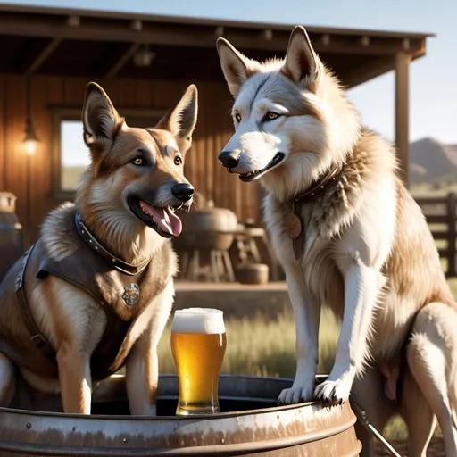 Prompt: Humanoid dog drinking beer in metal stock tank on Texas ranch, detailed fur with natural reflections, casual and relaxed stance, realistic 3D rendering, warm tones, bright outdoor lighting, high quality, detailed fur, humanoid, realistic 3D, Texas ranch, casual, outdoor, warm tones, bright lighting, detailed fur, relaxed