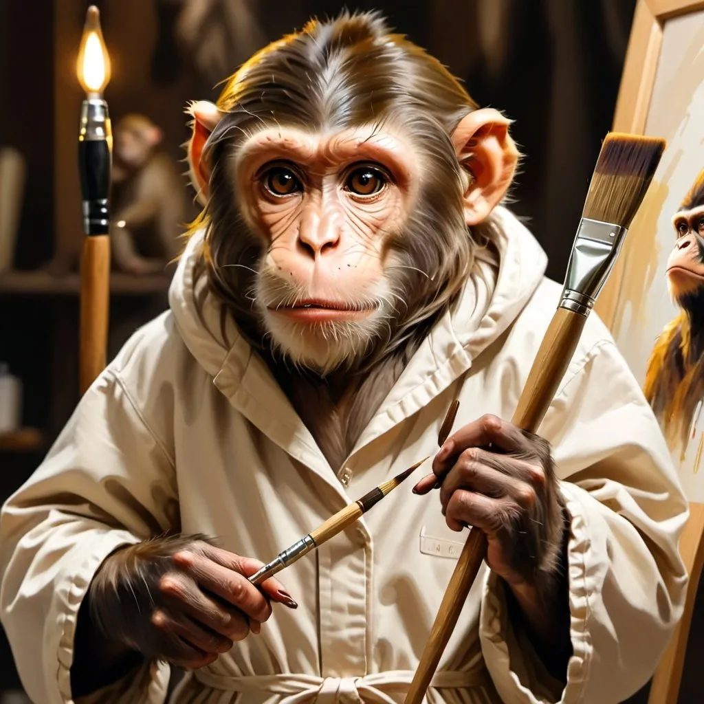 Prompt: Monkey in an art smock, chiarascuro lighting, holding a paint brush, painting on a large phone screen, detailed fur with warm reflections, focused expression, high-quality, chiarascuro, detailed eyes, professional, warm tones, artistic lighting