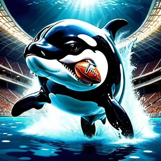 Prompt: Orca playing US football, digital art, detailed water splashes, powerful swim, intense action, high quality, realistic, vivid colors, dynamic motion, underwater scene, aquatic theme, athletic orca, stadium lighting, energetic atmosphere; playing ball; winning; Charlie cocaine
