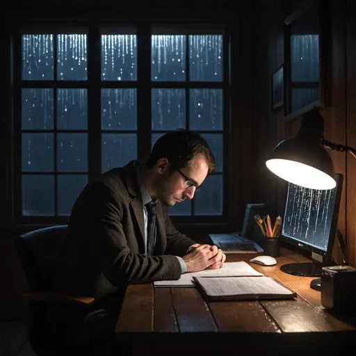 Prompt: a sad data scientist sitting in front of his monitor on a wooden table. it is dark, in the middle of the night, only a single table lamp is shining. a window in the background, its raining outside
