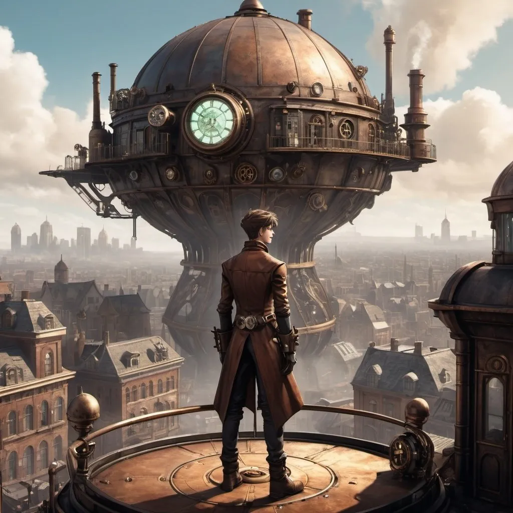 Prompt: Young man stading on a platform looking over a steampunk city. In the distance, there is a large dome with a city within it. The view is from behind the character.