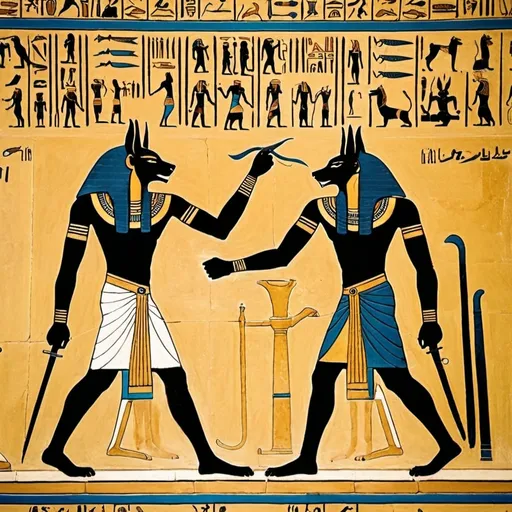 Prompt: Pharaohs fighting Anubis