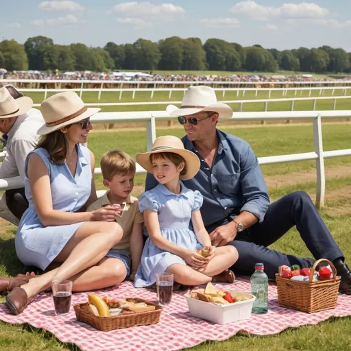 Prompt: a family sitting on the side of a horse race track enjoying a picnic on a sunday afternoon race day, make sure there are other people around
