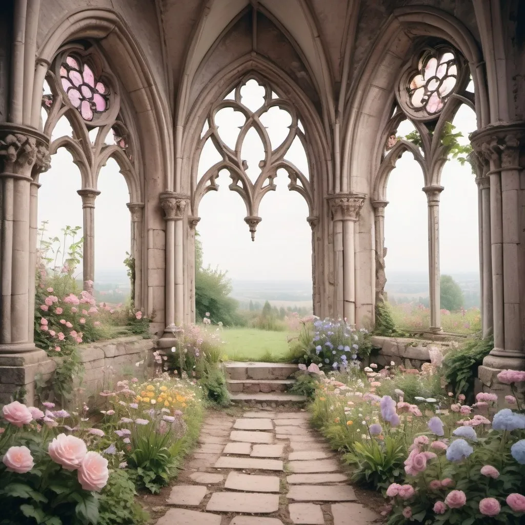 Prompt: a beautiful dreamy fairytale pastel flower garden with openair crumbling gothic ruins  with a central gothic window or archway above a few steps 