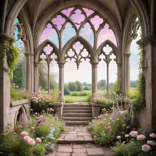 Prompt: a beautiful dreamy fairytale pastel flower garden with crumbling gothic ruins with a central gothic window or archway above a few steps 