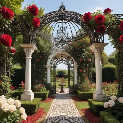 Prompt: beautiful garden with red and white roses in center of a maze with a very intricate gothic metal ironwork rotunda arbor