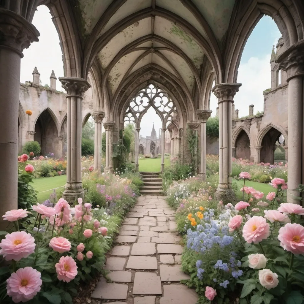 Prompt: an open and large beautiful dreamy outdoor fairytale pastel flower garden  surrounded by crumbling gothic walls with no roof and a central gothic archway above a few steps 