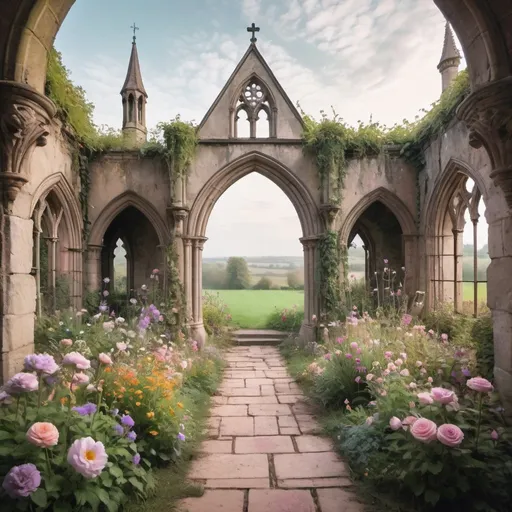 Prompt: an open and large beautiful dreamy outdoor fairytale pastel flower garden  surrounded by crumbling gothic walls with no roof and a  gothic archway above a few steps at the end overlooking a field