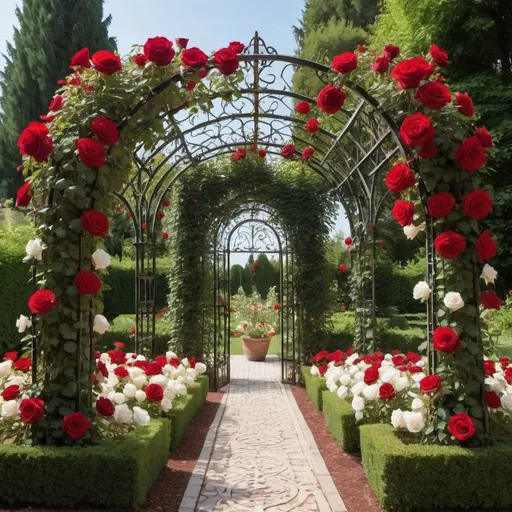 Prompt: garden with red and white roses inside a large maze with a central gothic metal arbor