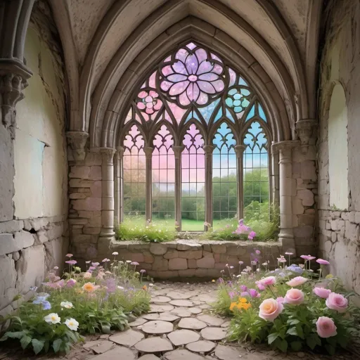 Prompt: a beautiful dreamy fairytale pastel flower garden  within  crumbling gothic walls with no roof and a central gothic window or archway above a few steps 