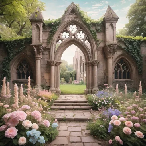 Prompt: dreamy fairytale pastel flower garden within gothic ruins with a central archway or gothic window above a few steps