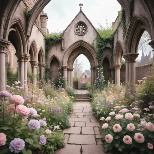 Prompt: a beautiful dreamy outdoor fairytale pastel flower garden  surrounded by  crumbling gothic walls with no roof and a central gothic archway above a few steps 