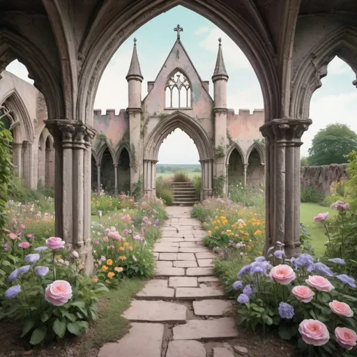 Prompt: an open and large beautiful dreamy outdoor fairytale pastel flower garden  surrounded by crumbling gothic walls with no roof and a  gothic archway above a few steps at the end overlooking a field