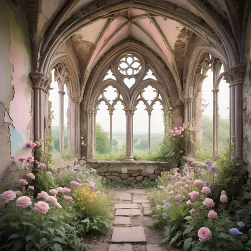 Prompt: a beautiful dreamy fairytale pastel flower garden walled in by crumbling gothic ruins with no roof and a central gothic window or archway above a few steps 