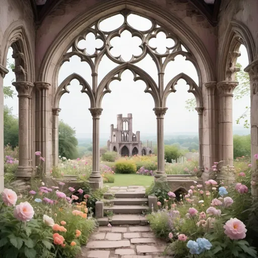 Prompt: a beautiful dreamy fairytale pastel flower garden with open air crumbling gothic ruins  with a central gothic window or archway above a few steps 