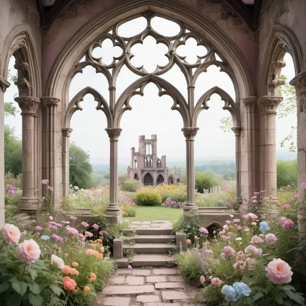 Prompt: a beautiful dreamy fairytale pastel flower garden with open air crumbling gothic ruins  with a central gothic window or archway above a few steps 