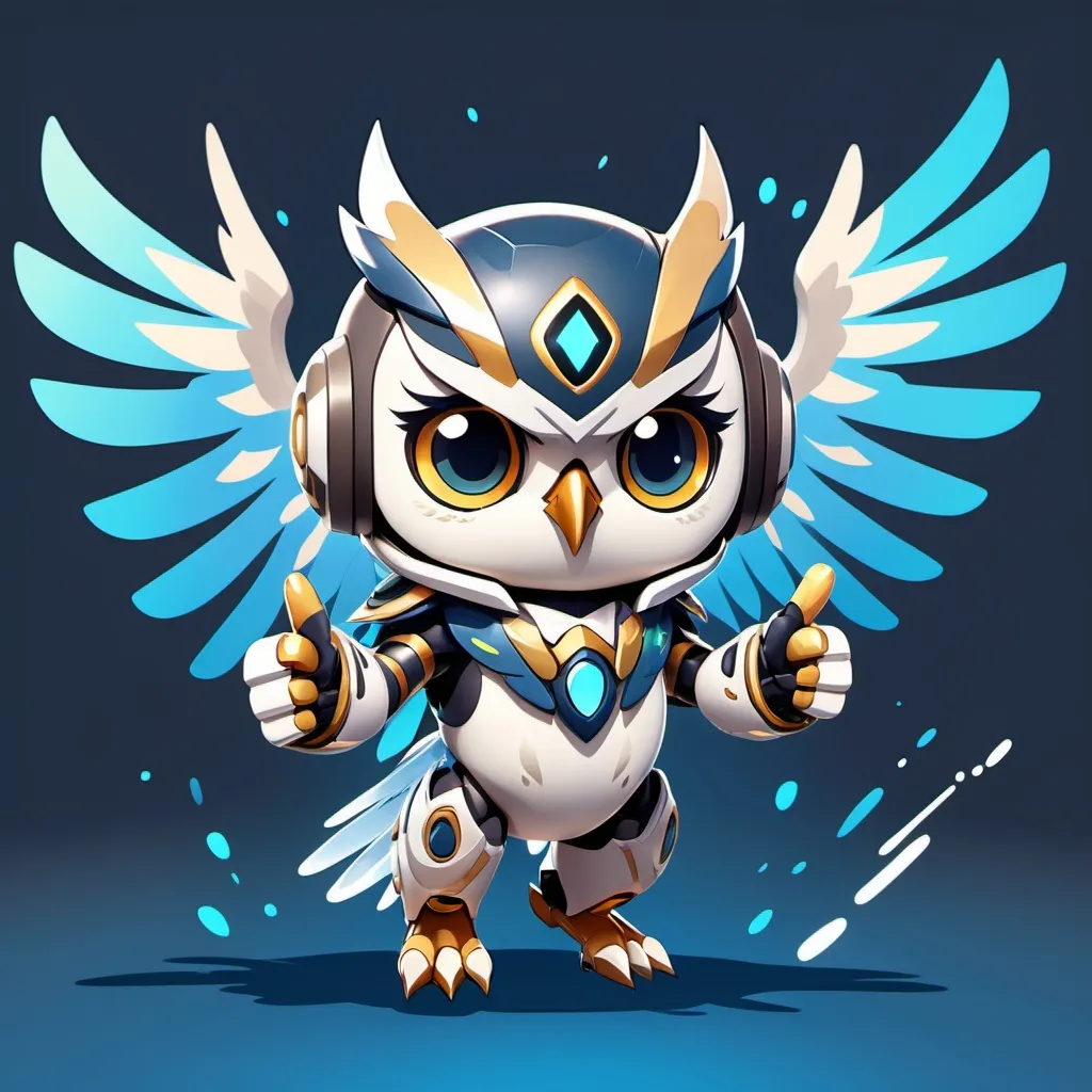 Prompt: splash art, flying chibi owl cyborg, anime, tech background, genshin style, simple styles, cute, thumbs up with wing, no hand, 3/4 view