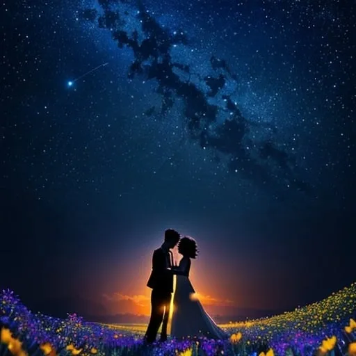 Prompt: Silhouetted couple in a field of wildflowers, starlit night, high quality, detailed, romantic, dreamy, silhouette, starlight, wildflowers, night sky, atmospheric lighting