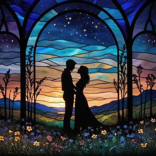 Prompt: Silhouetted couple in a field of wildflowers, starlit night, high quality, detailed, romantic, dreamy, silhouette, starlight, shooting stars, wildflowers, night sky, atmospheric lighting