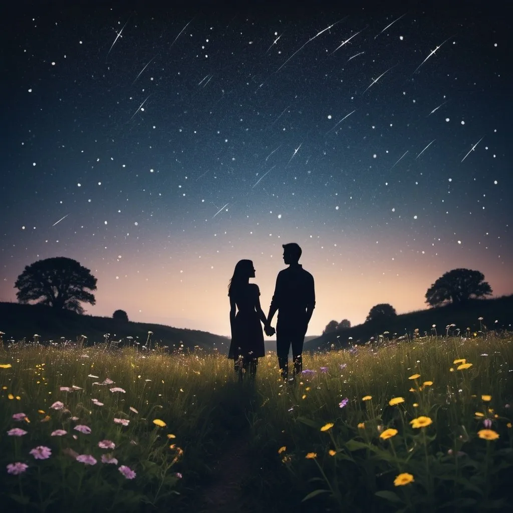 Prompt: Silhouetted couple in a field of wildflowers, starlit night, high quality, detailed, romantic, dreamy, silhouette, starlight, shooting stars, wildflowers, night sky, atmospheric lighting