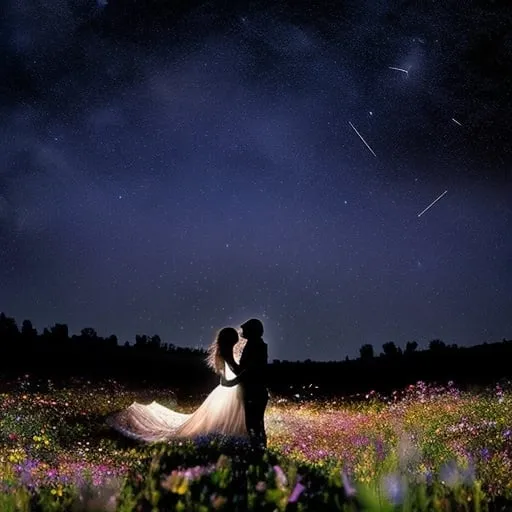 Prompt: Silhouetted couple in a field of wildflowers, starlit night, high quality, detailed, romantic, dreamy, silhouette, starlight, shooting stars, wildflowers, night sky, atmospheric lighting