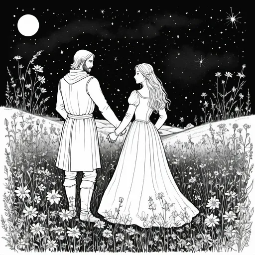 Prompt: medieval couple in a field of wildflowers, starlit night, high quality, romantic, dreamy,  starlight, shooting stars, wildflowers, night sky, 