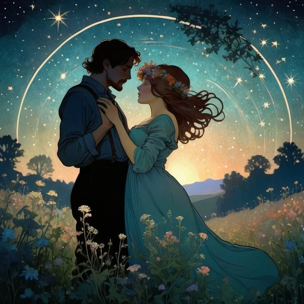 Prompt: Silhouetted couple in a field of wildflowers, starlit night, high quality, detailed, romantic, dreamy, silhouette, starlight, shooting stars, wildflowers, night sky, atmospheric lighting