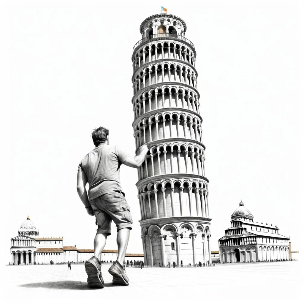 Prompt: pencil sketch of a giant pushing the leaning tower of pisa, white background