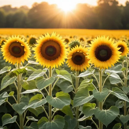 Prompt: Create a beautiful picture of sunflowers in a field with the morning  sun shining and add the words Happy Birthday Benice, May the Lord Bless you and Keep you and may His Light shine upon your Life.