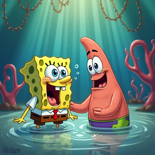Prompt: Spongebob being baptized by patrick star