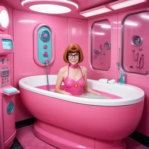 Prompt: Young Velma Dinkley from Scooby doo in the bathtube inside the oblong multifunctional pink automatic makeover machine with AI similar with shower cabin. There are robotic arms with sponges, automatic bathube, automatic shower, robotic arms, automatic wardrobe, automatic hair styling machine, automatic manicure and pedicure machine