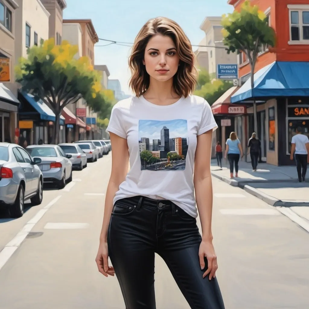 Prompt: Beautiful Paige Spara wearing black jeans, white t-shirt, black leather in the city named San Jose. Black gouache and colored oil painting. Extremely detailed. Bright background. 3D. 4K. Deep focus.