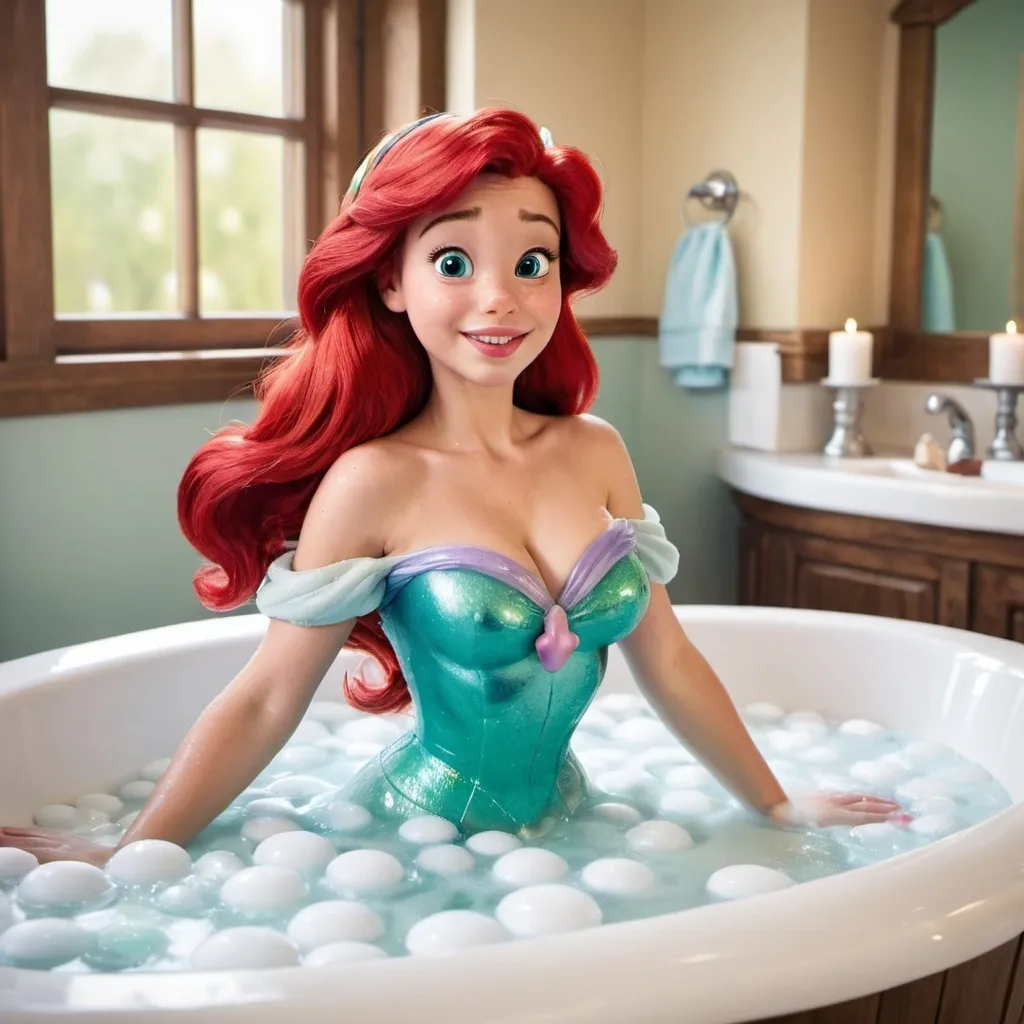 Prompt: Disney princess Ariel enjoying bubble bath