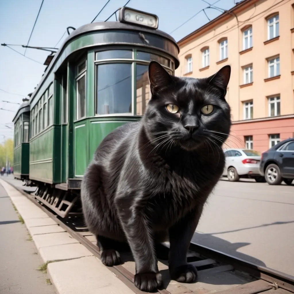 Prompt: Old soviet tram from Moscow 30s (spring) and humanlike black cat. Humanlike Huge black cat. He is an enormous (said to be as large as a hog) demonic black cat who speaks, walks on two legs