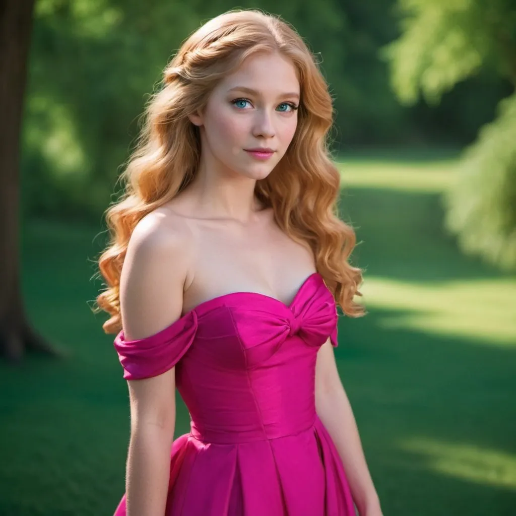Prompt: Giselle is a beautiful young woman with a slender physique, fair skin, long wavy strawberry-blonde hair that reaches below her back, and blue-green eyes. Her primary appearance is a hot pink strapless long gown with dark pink ribbons serving as sleeves, and she is barefoot.