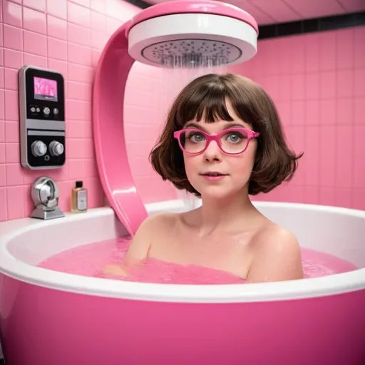 Prompt: Young Velma Dinkley in the bathtube inside the oblong multifunctional pink makeover machine similar with shower cabin. There are robotic arms with sponges, automatic bathube, automatic shower, robotic arms, automatic wardrobe, automatic hair styling machine, automatic manicure and pedicure machine